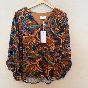 New Adrienne Psychedelic  Print Ballon Sleeve Blouse Women’s Size Small V-neck
